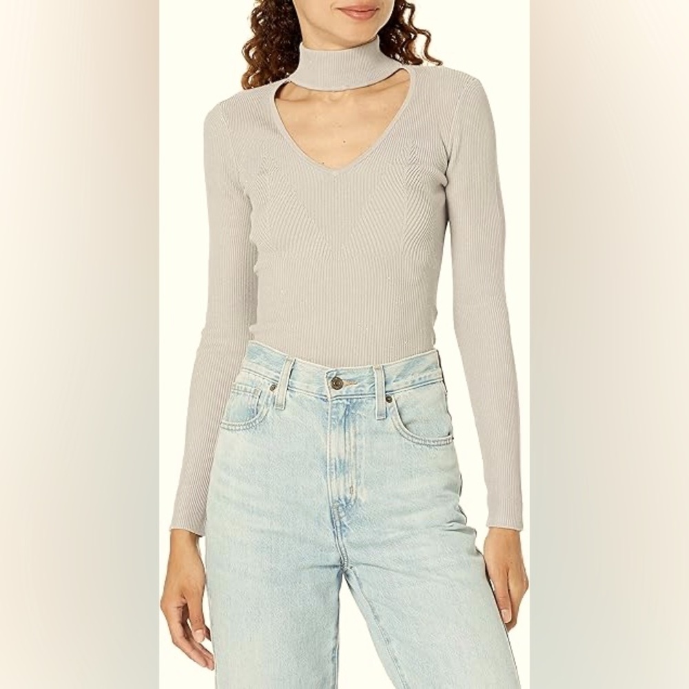 Small GUESS Gunmetal Silver Long Sleeve Micro Sequin Rib Lea Sweater Nearly New